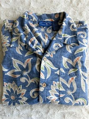 Vintage Ocean Pacific OP Hawaiian Shirt Mens Large Blue Camp Floral Aloha Surf
